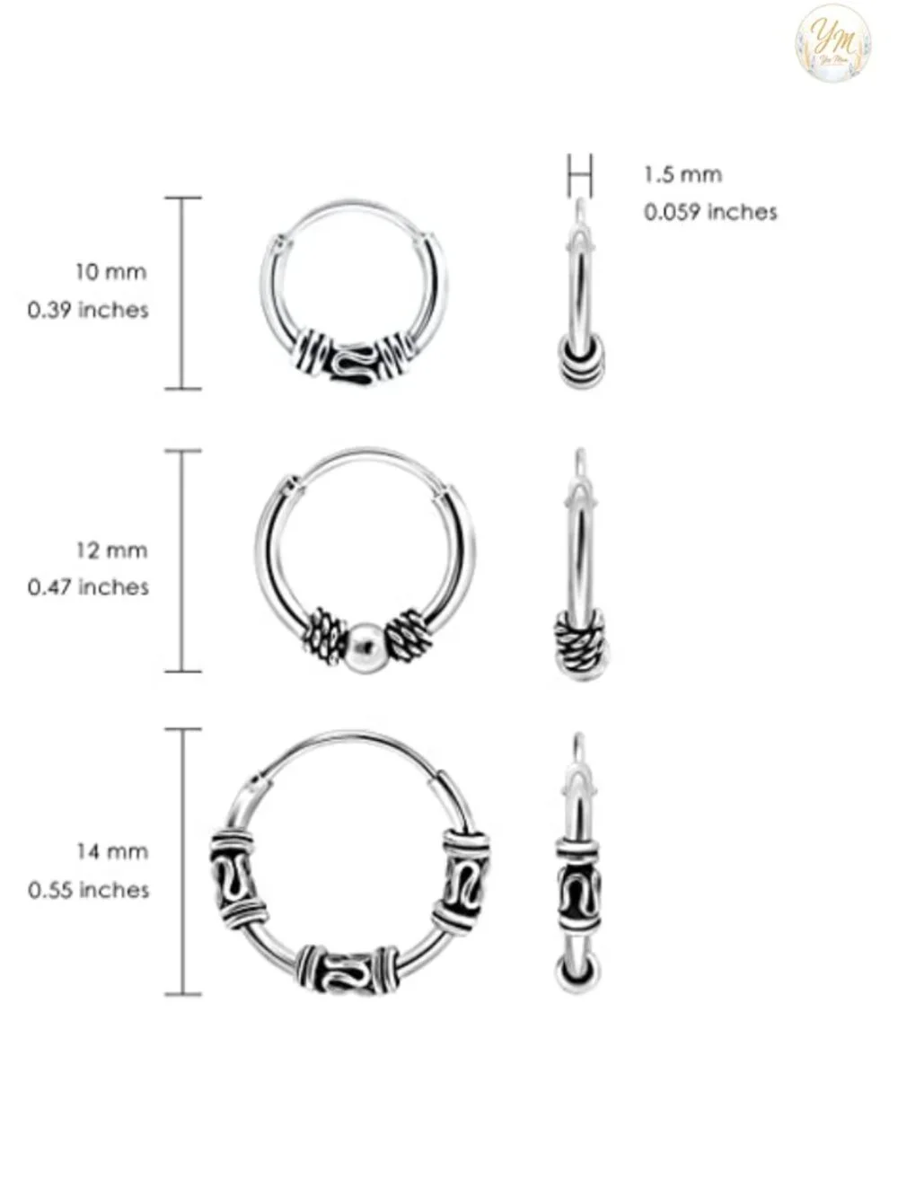925 Sterling Silver Bali Bead Endless Hoop Earrings Set of 3 Pairs